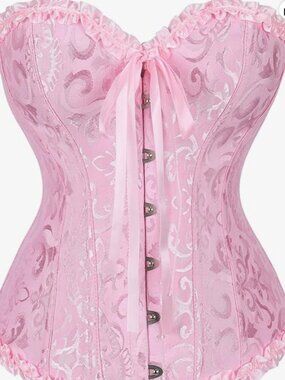 Pink Floral Jacquard Lace-up Corset Bustier Top, Coquette Y2K